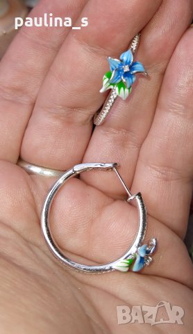 Японски, дизайнерски сребърни обеци с циркони и ръчно рисуван емайл 925 , снимка 6 - Обеци - 29262795