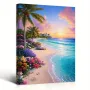 Картина на платно с дървена рамка-Плажна Сцена със Залез и Цветя,30x40 см., снимка 1