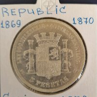 Монета Испания - 5 Песети 1870 г. - Сребро, снимка 1 - Нумизматика и бонистика - 31664375