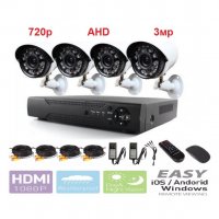 3MP AHD комплект - 720P AHD 4ch DVR + 4 AHD камери Sony 3MP + кабели, снимка 1 - Комплекти за видеонаблюдение - 27676363