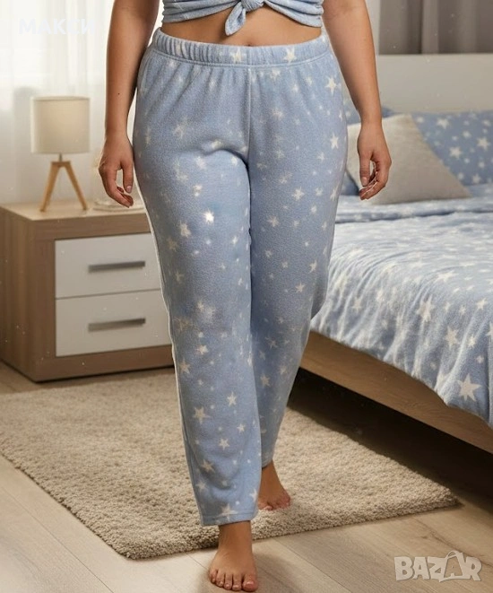 Чудесно поларено еластично долнище с висока широка ластична талия в небесно синьо на бели звездички , снимка 1
