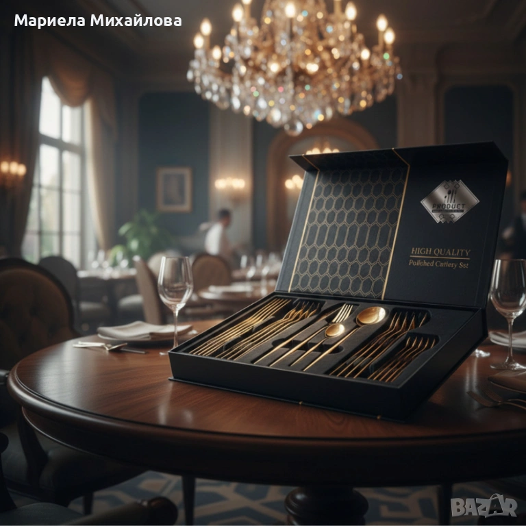 Комплект прибори за хранене в златист цвят от 24 части с луксозен дизайн и магнитна кутия., снимка 1