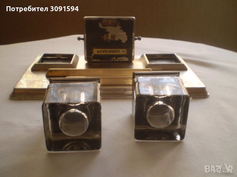 АНТИКВАРНА настолна мастилница GDR никелиран бронз кристал, снимка 1