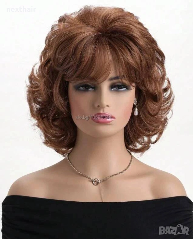 Къса дамска къдрава кафява синтетична перука с бретон, снимка 1