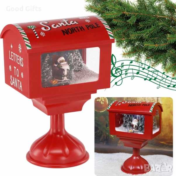 Музикална Коледна пощенска кутия „Santa North Pole“ с LED светлини и ефект на падащ сняг, снимка 1