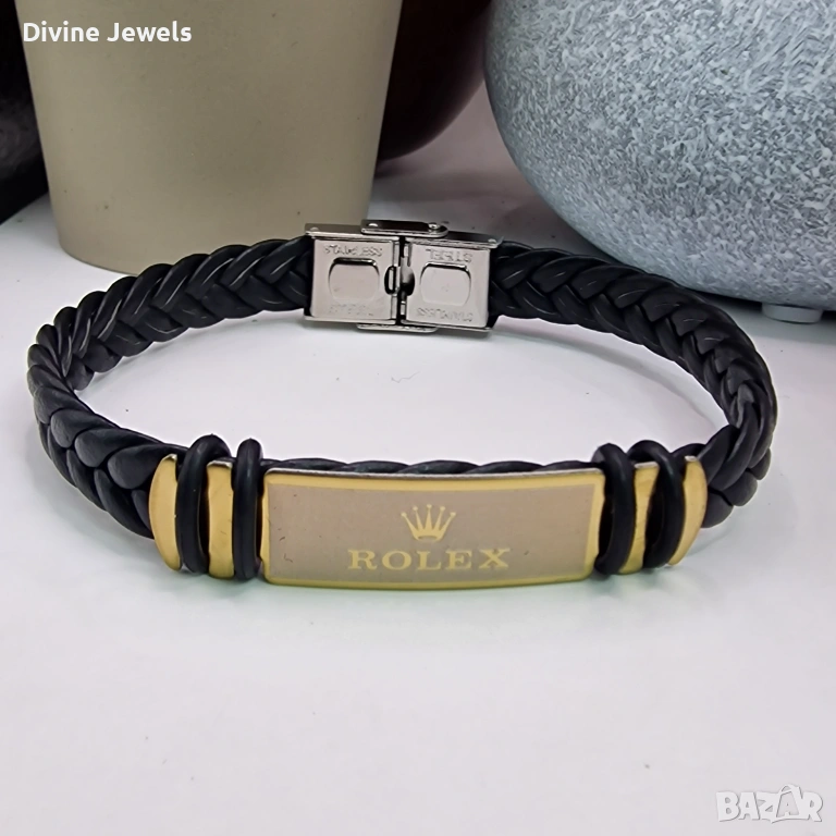 Мъжка кожена гривна Rolex от медицинска стомана, снимка 1