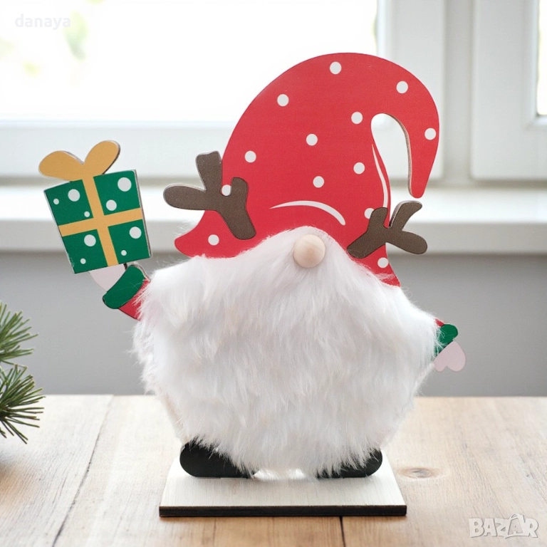 6127 Коледна украса джудже с пухкава брада и подарък, MDF, снимка 1