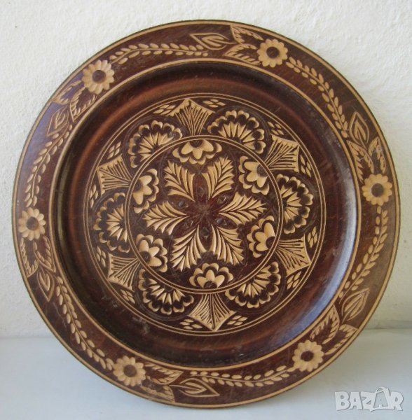 35см стара Дървена  чиния -пано - поднос,  дърворезба, черпак, голяма чиния, зодия, снимка 1