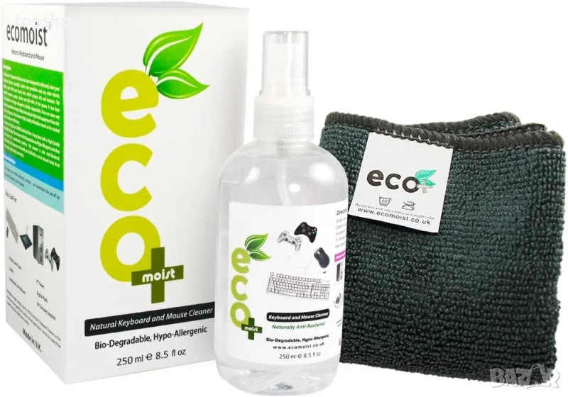 НОВ, ЗАПЕЧАТАН натурален препарат за почистване на клавиатури и мишки Ecomoist (250 мл), снимка 1