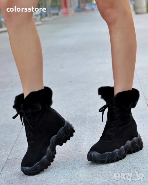 Боти на платформа - черен велур - BF23, снимка 1