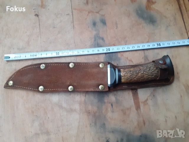 Страхотен ловен нож гравиран и надписан с кожена кания, снимка 7 - Антикварни и старинни предмети - 54031254