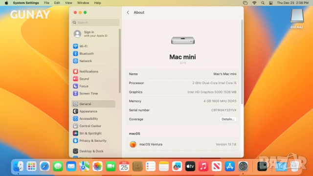 Mac Mini A1347 2GHz i5, 240GB SSD, отлично състояние, готов за работа, снимка 8 - Работни компютри - 53951190