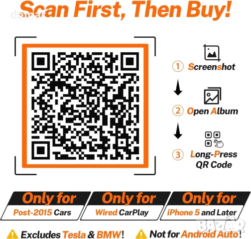 Cleviton - Apple Carplay безжичен адаптер, Bluetooth 5.3 и WiFi 6, USB A/C, черен, снимка 7 - Аксесоари и консумативи - 51396120