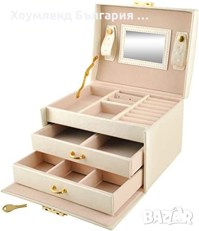 Стилна кожена ракла 16 в1 с две чекмеджета за бижута и аксесоари - бяла, снимка 3 - Бижутерийни комплекти - 32172167