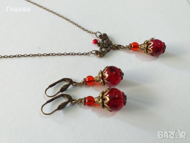 Разкошен комплект бижута в рубинено червено с прекрасни елементи в цвят бронз , снимка 3 - Бижутерийни комплекти - 37551917