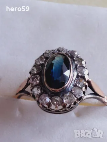 Стар златен дамски пръстен 14к с 14 диаманта и натурален сапфир Продаден, снимка 1