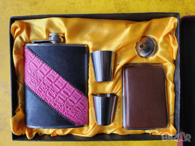 джобна метална бутилка - плоска 235 мл, комплект с 2 мет.чашки, фунийка, табакера