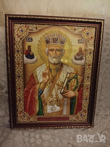 "св. Николай Чудотворец" Диамантен Гоблен - Готов налепен в рамка, снимка 5 - Икони - 52596199