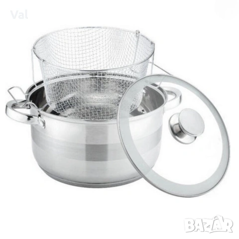 Тенджера с кошница за пържене и стъклен капак Cheffinger Ø24 см – инокс, 6,5 л, за всички котлони, снимка 2 - Съдове за готвене - 53224322