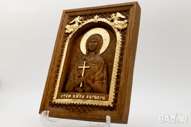 Света великомъченица Варвара – релефна икона от дъб с позлата, снимка 3 - Икони - 53224944