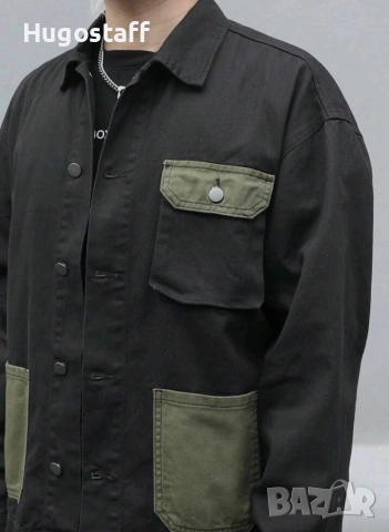 Ново мъжко карго дънково яке риза черно военни джобове деним памук XХЛ, снимка 6 - Якета - 52635123