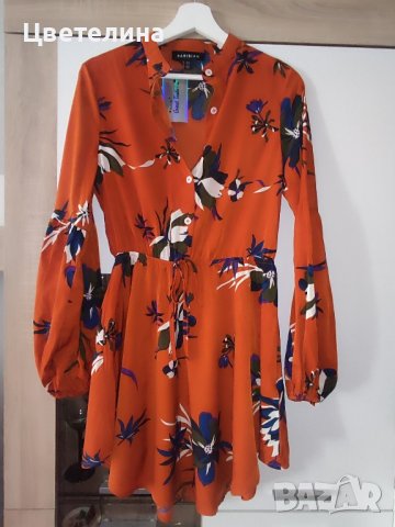 Дамска рокля риза с буфан ръкав М размер + подарък обички, снимка 1 - Рокли - 42597045