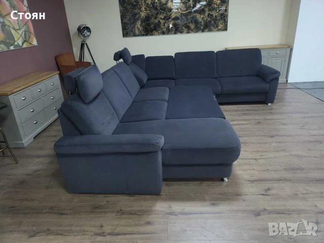 Син П образен ъглов диван от плат с функция сън ZE-EM09003, снимка 4 - Дивани и мека мебел - 44245307