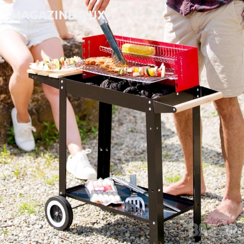Градинско барбекю на колела от емайлирана стомана с 4 степени на нагряване + подарък комплект от 3 п