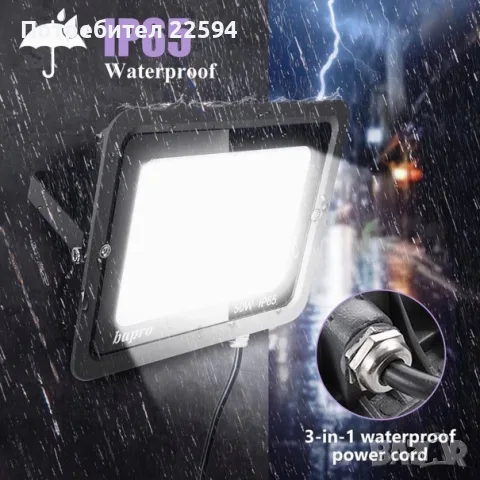 100W LED прожектор за външно осветление 10 000 LM супер ярък IP66 6000 K студена бяла – Черен, снимка 2 - Прожектори - 55878304