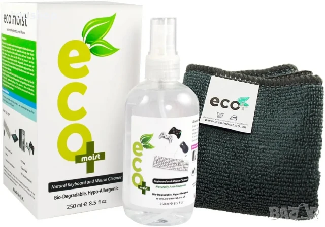 НОВ, ЗАПЕЧАТАН натурален препарат за почистване на клавиатури и мишки Ecomoist (250 мл)