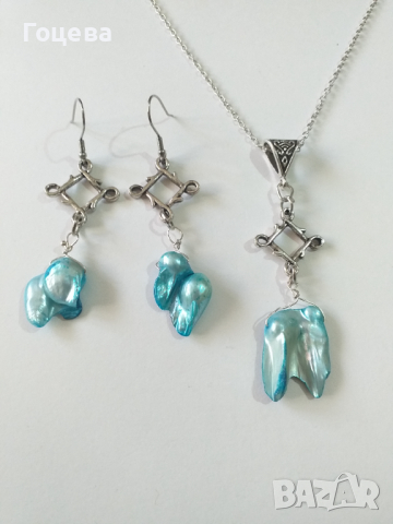 Бохо комплект бижута с естествени тюркоазено-сини речни перли и орнаменти в цвят Сребро , снимка 3 - Бижутерийни комплекти - 36399992