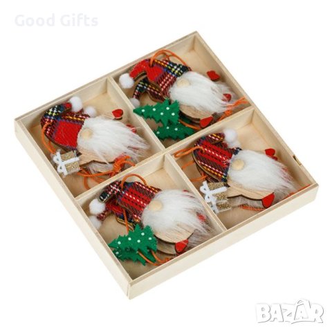 8 броя Дървени Висулки за елха, Гномчета с карирани шапки, 6см, снимка 2 - Декорация за дома - 42690191