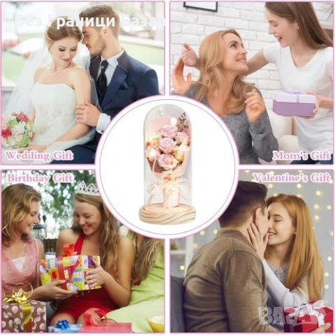 Нова Вечна роза с LED светлини в стъклен купол подаръчна кутия за жена, снимка 5 - Декорация за дома - 53928524