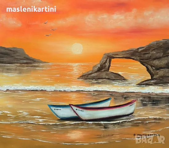 Морски залез,лодки и скали маслена картина , снимка 2 - Картини - 50233873