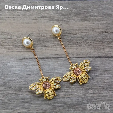 Златни обеци с висулка пчела А206, снимка 6 - Обеци - 47888069