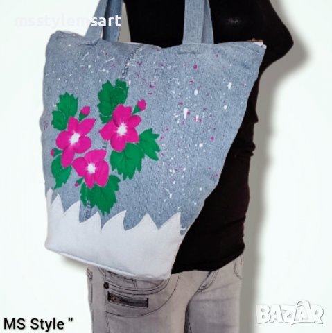 Ръчно рисувана и изработена дамска чанта от деним и естествена кожа , снимка 3 - Чанти - 39414561