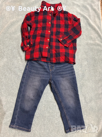 Дънки с червена риза HM, 86 (12-18), снимка 1 - Бебешки дънки - 44708552