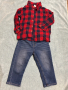 Дънки с червена риза HM, 86 (12-18), снимка 1 - Бебешки дънки - 44708552