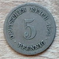 Германия 5 пфенига, 1874 "F" - Щутгарт д65, снимка 1 - Нумизматика и бонистика - 33797094