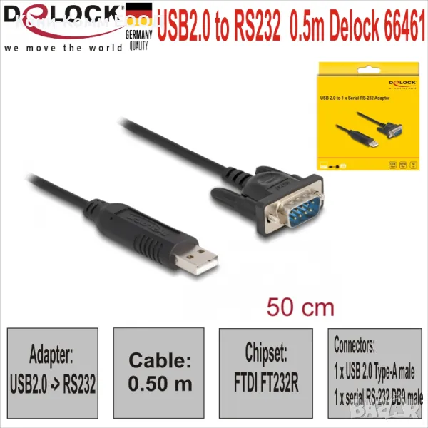 USB2.0 to RS232 Адаптер 0.5m Delock 34.00лв, снимка 1