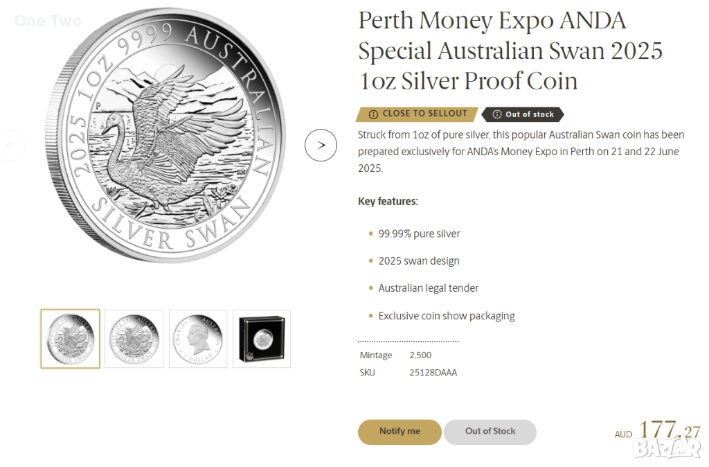 Сребърна монета 1 oz Australian Swan 2025 1oz, снимка 1
