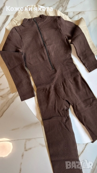 Кафяв рипс дълъг гащеризон с цип, снимка 1