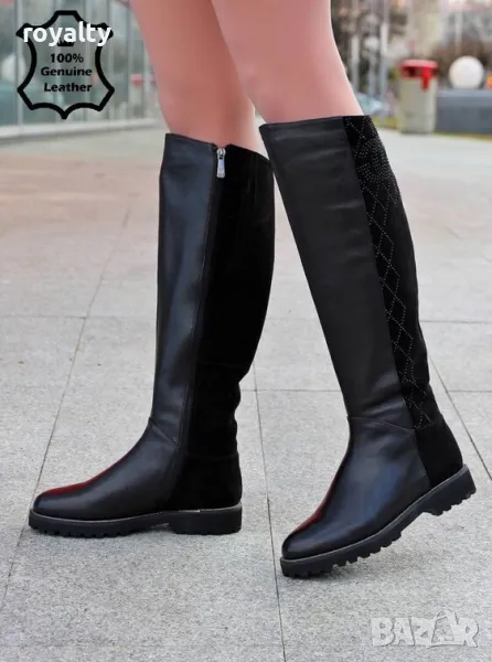 Равни ботуши - черна ЕСТЕСТВЕНА кожа и ЕСТЕСТВЕН велур , снимка 1