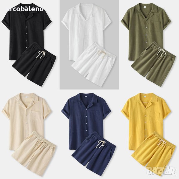 Мъжки летен комплект риза с къси ръкави и къси панталони от памучно ленено платно, 6цвята , снимка 1