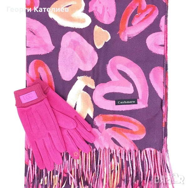 Дамски комплект в розово и лилаво-Кашмирен шал със сърца и ръкавици Код на продукта:DAK-3, снимка 1
