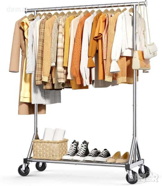 Закачалка за дрехи Sakugi от неръждаема стомана с мрежест рафт и колелца, 108 × 42 × 167 см, снимка 1