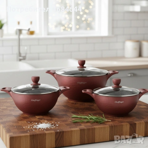 Комплект от 3 тенджери Cheffinger с мраморно покритие 20/24/28 см с капаци – незалепващи съдове , снимка 7 - Котлони - 53159434