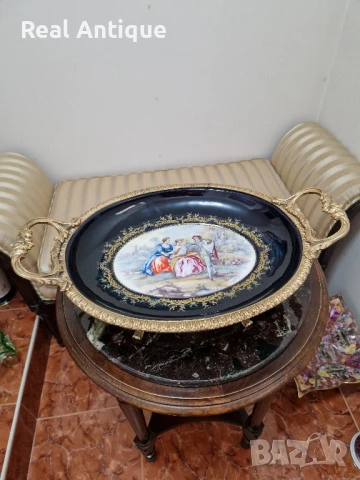 Уникално голямо антикварно порцеланово плато с бронзови орнаменти , снимка 5 - Декорация за дома - 51041286