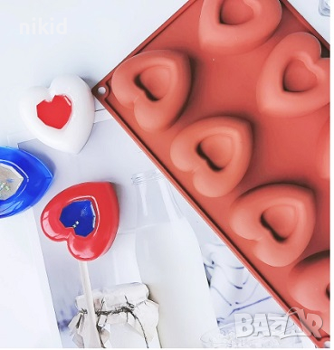 8 големи вдлъбнати сърца сърце силиконов молд форма шоколад гипс свещ декор украса, снимка 3 - Форми - 36455157