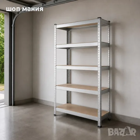 Метален гаражен стелаж 750 кг, 5 регулируеми рафта, 180×90×40 см – Здрав, стабилен и безвинтов мон
